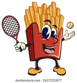 funny french fries cartoon mascot playing tennis, fast food vector character isolated on white, work of hand drawn