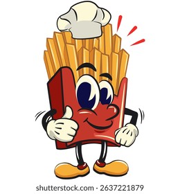 funny french fries cartoon mascot as chef give thumbs up, fast food vector character isolated on white, work of hand drawn
