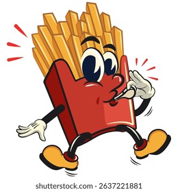 funny french fries cartoon mascot blowing the whistle, fast food vector character isolated on white, work of hand drawn