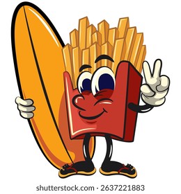funny french fries cartoon mascot with surfboard and gave a peace sign, fast food vector character isolated on white, work of hand drawn