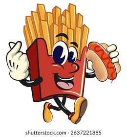 funny french fries cartoon mascot carrying a hotdog while giving love sign, fast food vector character isolated on white, work of hand drawn
