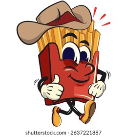 funny french fries cartoon mascot wearing a cowboy hat while giving a thumbs up sign, fast food vector character isolated on white, work of hand drawn