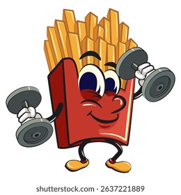 funny french fries cartoon mascot doing barbell lifting workout, fast food vector character isolated on white, work of hand drawn