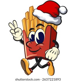 funny french fries cartoon mascot wearing a Santa Claus hat while giving a two-finger peace sign, fast food vector character isolated on white, work of hand drawn