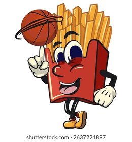 funny french fries cartoon mascot spin the basketball with the index finger, fast food vector character isolated on white, work of hand drawn