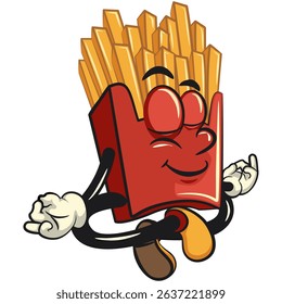 funny french fries cartoon mascot meditating, fast food vector character isolated on white, work of hand drawn