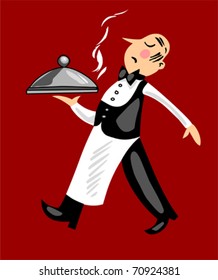 Funny French Waiter On Red Background