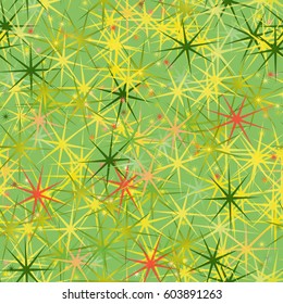 Funny fresh seamless pattern with stars of various size and color on green background. Funny texture for congrats wrap, postcard, fabric.