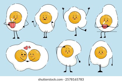 Funny fried chicken eggs characters different facial emotions, gesture and non-verbal expression set. Cute funky breakfast food groovy kawaii mascot positive and negative feelings vector illustration