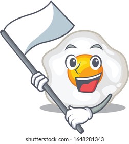 Divertido personaje de dibujos animados con huevos fritos sosteniendo una bandera de pie