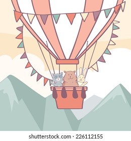 Funny friendly animals in air balloon on abstract landscape background