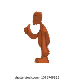 Funny friendly bigfoot showing thumbs up, mythical creature cartoon character vector Illustration on a white background