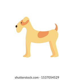 Funny friendly brown airedale dog stands, pet and animal concept. Dog breed icon. Isolated cartoon airedale vector illustration.