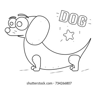 Funny and friendly cartoon dog. Coloring book for kids. Black and white line drawing.