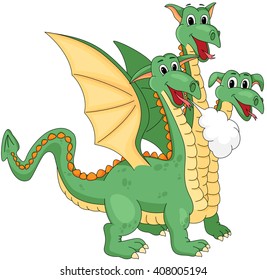 Funny and friendly cartoon three headed dragon