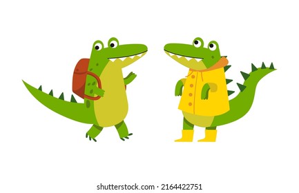 Funny friendly crocodile character in everyday activities set cartoon vector illustration