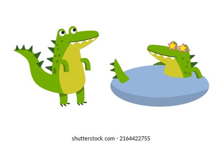Funny friendly crocodile in everyday activities set. Cute green croc walking and swimming in lake cartoon vector illustration