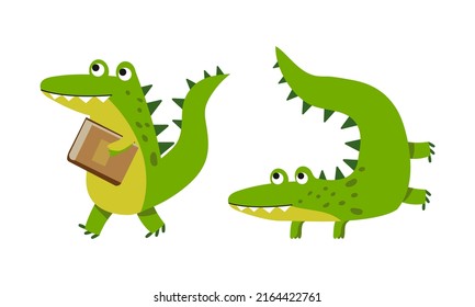 Funny friendly crocodile in everyday activities set. Cute green croc character walking with book and lying cartoon vector illustration