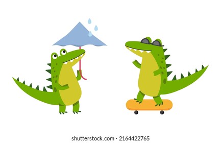 Funny friendly crocodile in everyday activities set. Cute green croc character skateboarding and walking with umbrella cartoon vector illustration