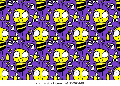 Funny, friendly, cute, honey cartoon bee. Seamless vector pattern for design and decoration. 