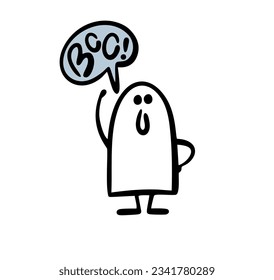 Funny friendly ghost raised his hand and greets with the word Boo.  Vector illustration of a child in a fairy tale hero costume at a Halloween party. Character isolated on white background.