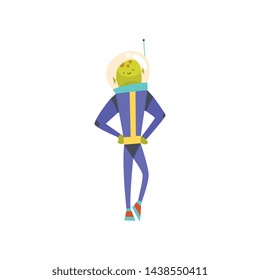 Funny Friendly Green Alien Standing with Hands on Its Waist, Cute Humanoid Cartoon Character in Blue Space Suit and Helmet Vector Illustration
