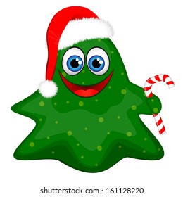Funny friendly green monster with a candy cane 