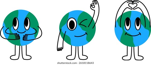 Funny and friendly hand drawn minimalist planet mascot, Earth Vector illustration in simple flat style and logo design template, ecology concept,