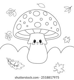 Funny friendly mushroom among the autumn leaves. Vector cartoon illustration, coloring page, outline drawing.