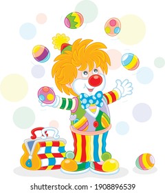 Funny and friendly smiling clown in a colorful comic suit juggling with decorated Easter eggs and conjuring tricks in a circus performance, vector cartoon illustration isolated on a white background