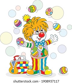 Funny and friendly smiling clown in a colorful comic suit juggling with decorated Easter eggs and conjuring tricks in a circus performance, vector cartoon illustration isolated on a white background