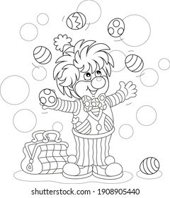 Funny and friendly smiling clown in a comic suit juggling with decorated Easter eggs and conjuring tricks in a circus performance, black and white vector cartoon illustration for a coloring book