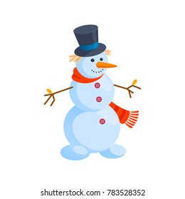 Funny Friendly Snowman with a scarf and a hat. Christmas & New Year illustration.