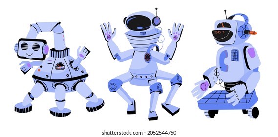 Funny friendly toy robots, kids robotic electronic toys with human faces, cartoon  flat vector illustration isolated on white background.  Space science fiction  robots or cyborgs for children topics.