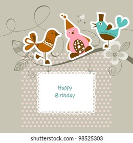 Funny friends on a tree branch; happy birthday card for children