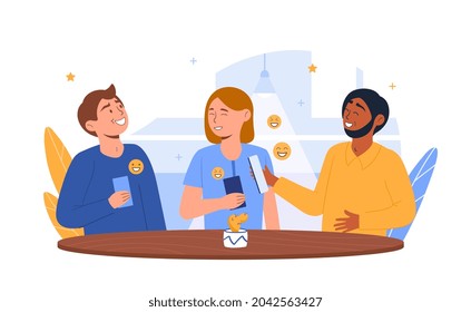 Funny friends with phones concept. Men and women hold smartphones, watch funny content and laugh. Meeting people in cafe. Cartoon modern flat vector illustration isolated on white background