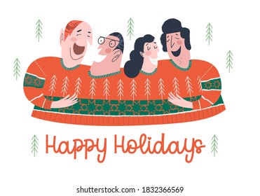 Amigos divertidos con un suéter feo. Ilustración divertida del vector.