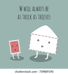 Funny friendship concept of an envelope and a stamp. Vector illustration. Modern flat design.
