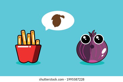Funny fries talking to onion about lemon. Cute fast food vector illustration.