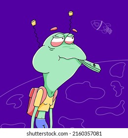 A funny frog with a backpack and money in his mouth is preparing to go into space. Frog with antennas on its head, funny mammal avatar. Vector hand drawn illustration