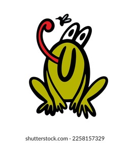 Funny frog catches a fly with a long tongue. Vector illustration of hand drawn cute animal in a swamp while eating.