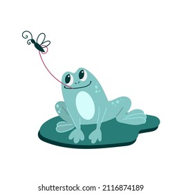 Funny frog catches a fly . Nice illustration. Isolated character on a white background.