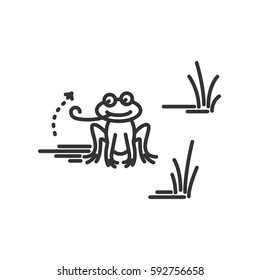 Funny frog catching fly with its tongue. Cartoon character. Concept illustration for design. Simple vector sign, icon. 