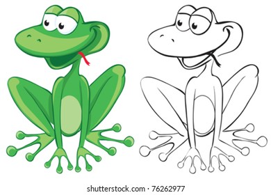 Funny frog. Color and B&W outline illustration