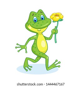 Funny frog comes with a yellow water lily in his hand. In cartoon style. Isolated on white background. Vector illustration.