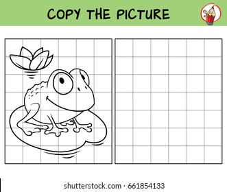 Funny frog. Copy the picture. Coloring book. Educational game for children. Cartoon vector illustration