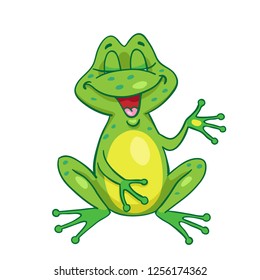 Funny frog croaks sitting on the meadow. In cartoon style, isolated on white background. Vector illustration.