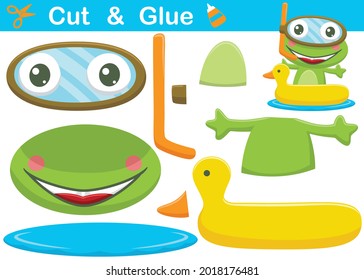 Funny frog with diving goggles on duck inflatable ring. Cutout and gluing. Vector cartoon illustration