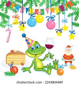 Funny frog in a festive hat with a glass of wine under the Christmas tree. Postcard in cartoon style. Isolated on white background. Vector illustration