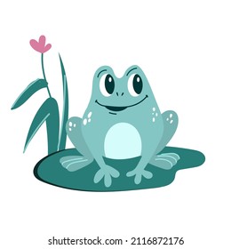 Funny frog with flowers. Nice illustration. Isolated character on a white background.